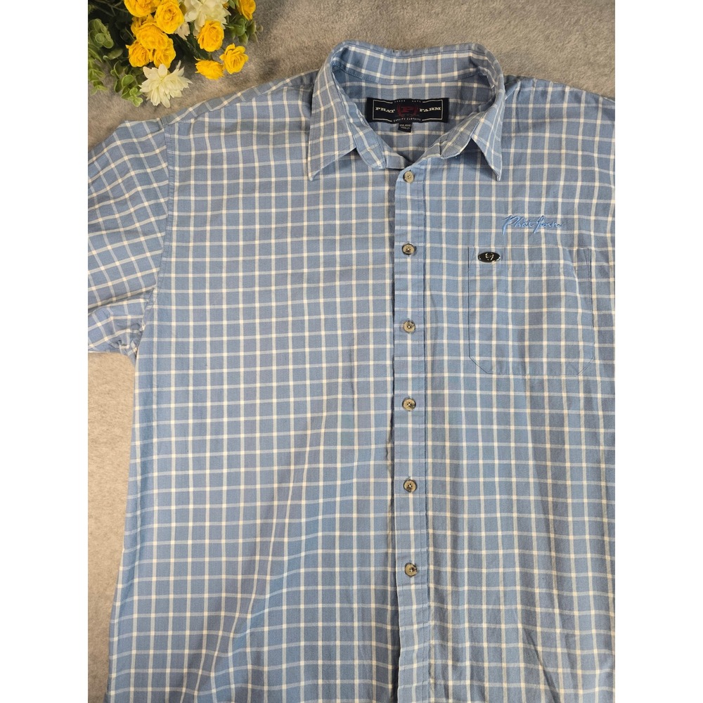 Phat Farm Mens XXL Blue White Plaid Short Sleeve Button Up Shirt Y2K Streetwear